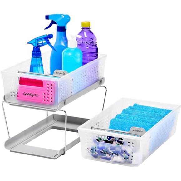 2 Tier Slide Out Storage Organizer Baskets with Handles for Bathroom Kitchen - Picture 2 of 7